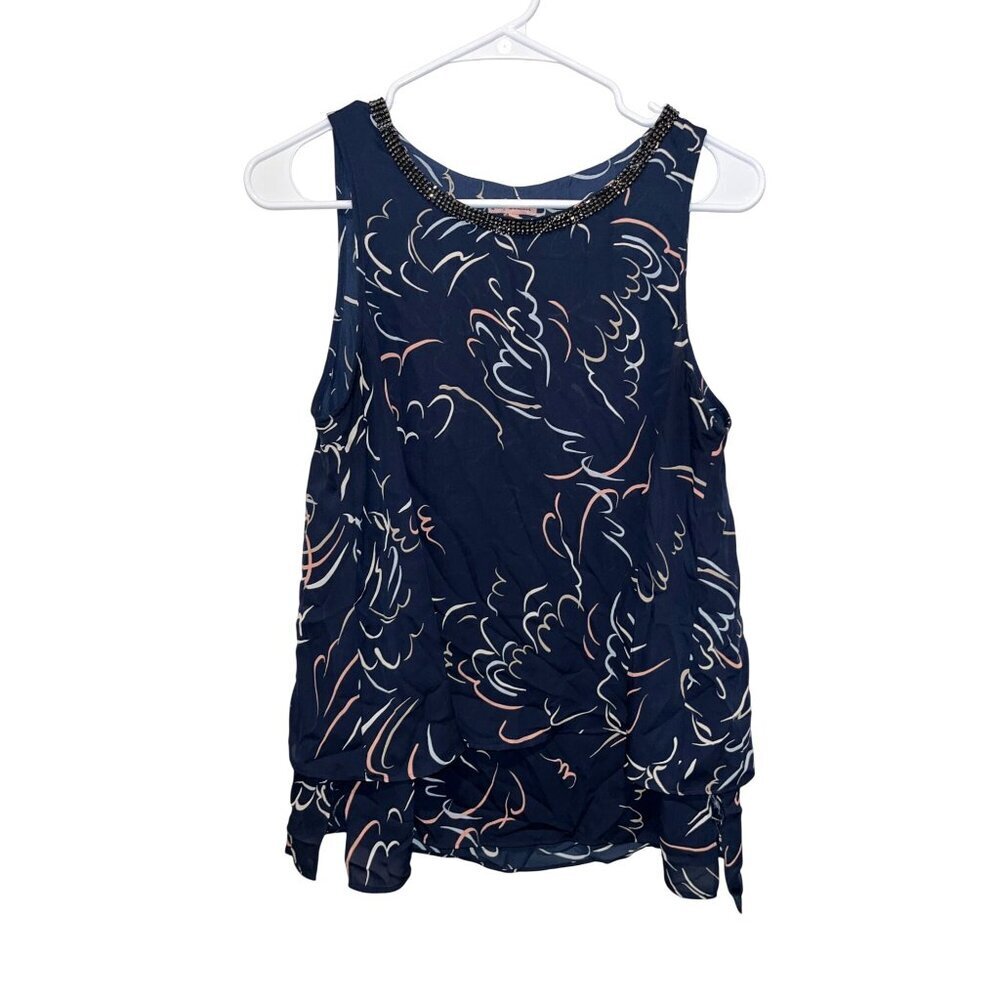 Juicy Couture Womens Beaded Neckline Navy Sleeveless Top With Abstract Print M